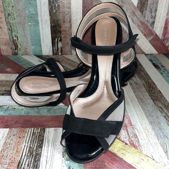 Beautifeel Women’s Black Suede Nude Mesh Velcro Straps EUC Anti-Slip Bottm 9-9.5 - Picture 2 of 11